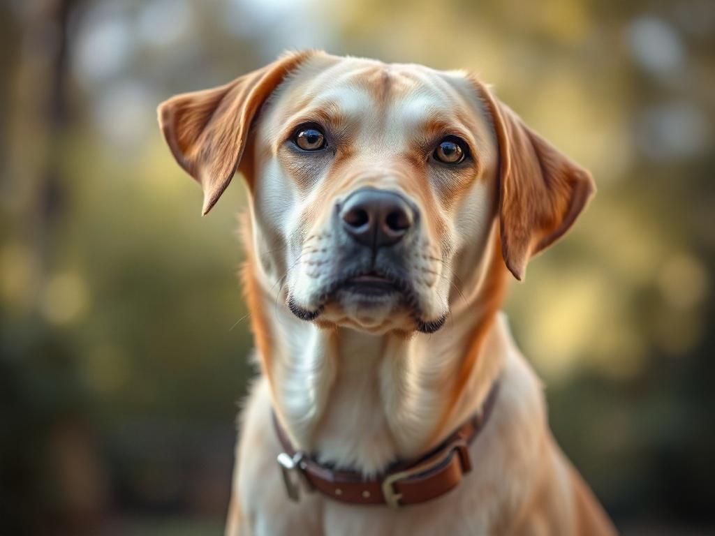 **Prompt for AI Image Generator:**

Create a hyper-realistic, high-resolution close-up photograph featuring a single dog in a calm, contemplative pose. The dog should be a medium-sized breed, such as a Labrador Retriever, exhibiting a neutral expression, as if pondering its surroundings. 

The background should be softly blurred, suggesting a natural outdoor setting, like a park with gentle greenery, allowing the dog to be the focal point of the image. Capture the essence of the dog’s behavior by highlighti