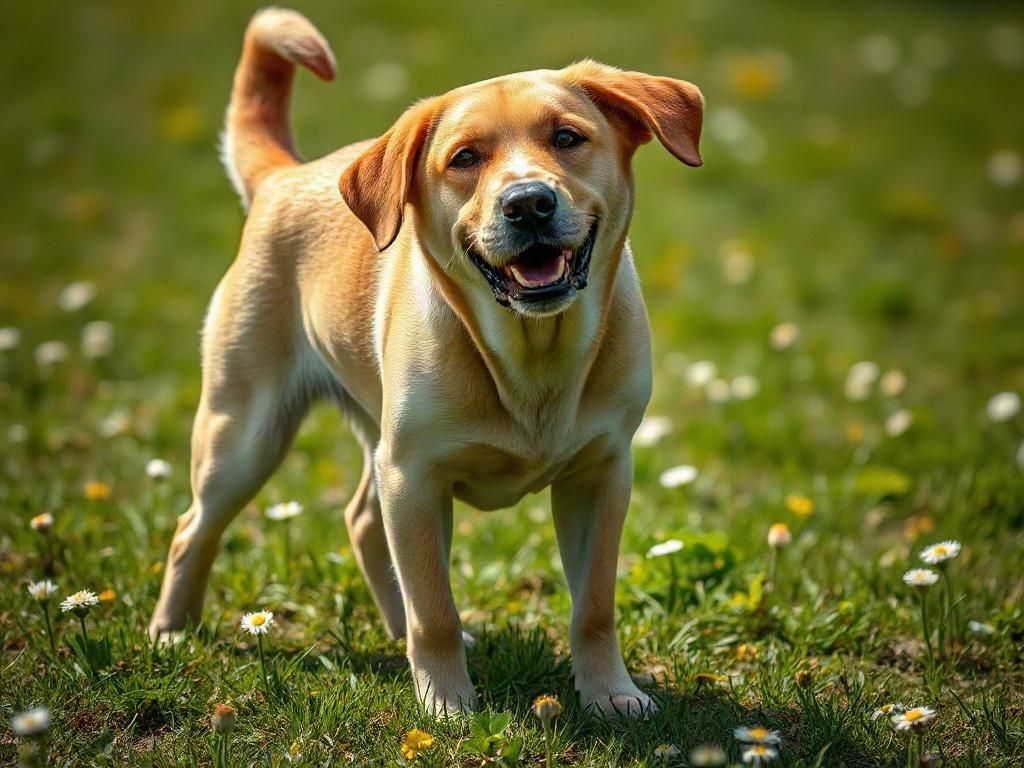 Create a realistic high-resolution photo that captures the essence of dog communication through movement and body language for a blog titled "How Do Dogs Communicate Through Movement and Body Language?". The image should feature a single, well-groomed dog, perhaps a Labrador Retriever, in a natural, relaxed outdoor setting, showcasing its body language and posture. 

The dog should be positioned in a gentle play bow, with its front legs stretched forward and rear end elevated, inviting engagement. The dog's