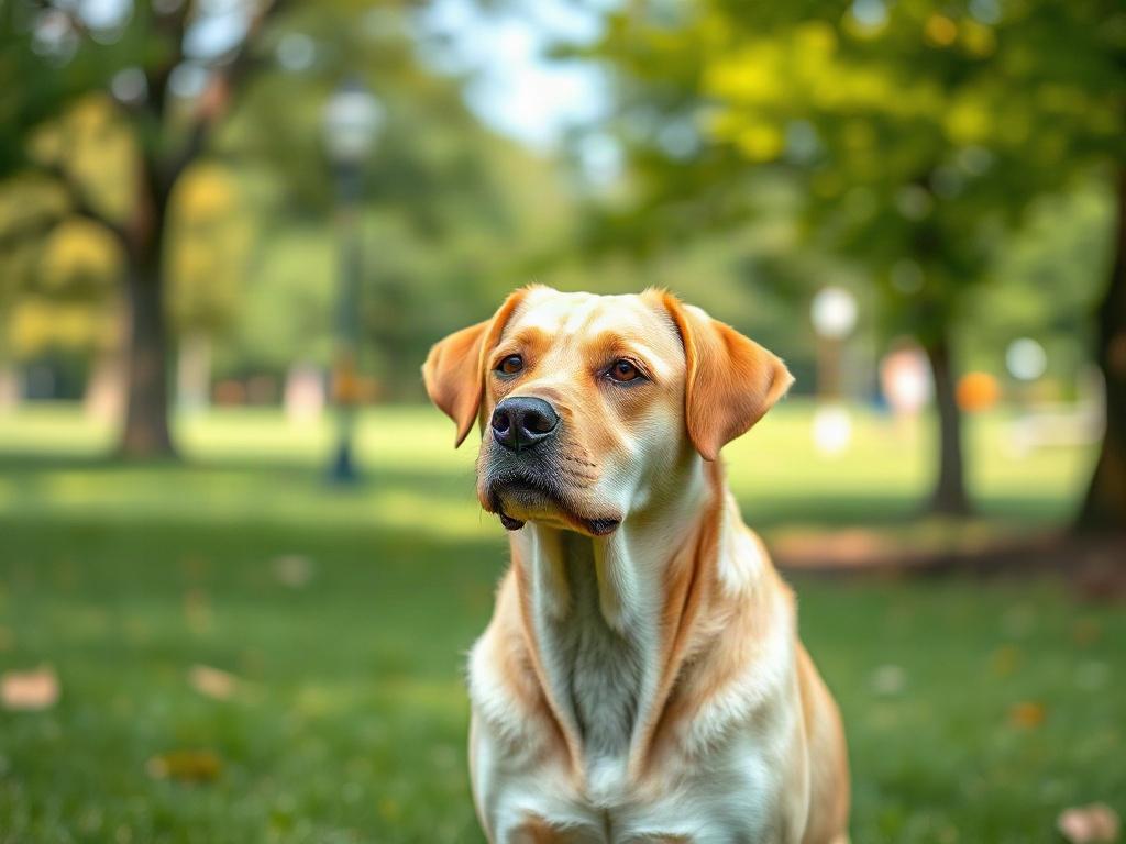 Create a realistic, high-resolution photo of a single, medium-sized dog (a Labrador Retriever) standing attentively in a park setting. Focus on capturing the dog's alert demeanor, with its ears perked up and eyes wide open, reflecting a state of arousal. The composition should be simple and clear, featuring the dog centered in the frame, facing slightly to the side to showcase its expressive features without any distractions in the background.

In the background, depict a blurred, natural park environment w