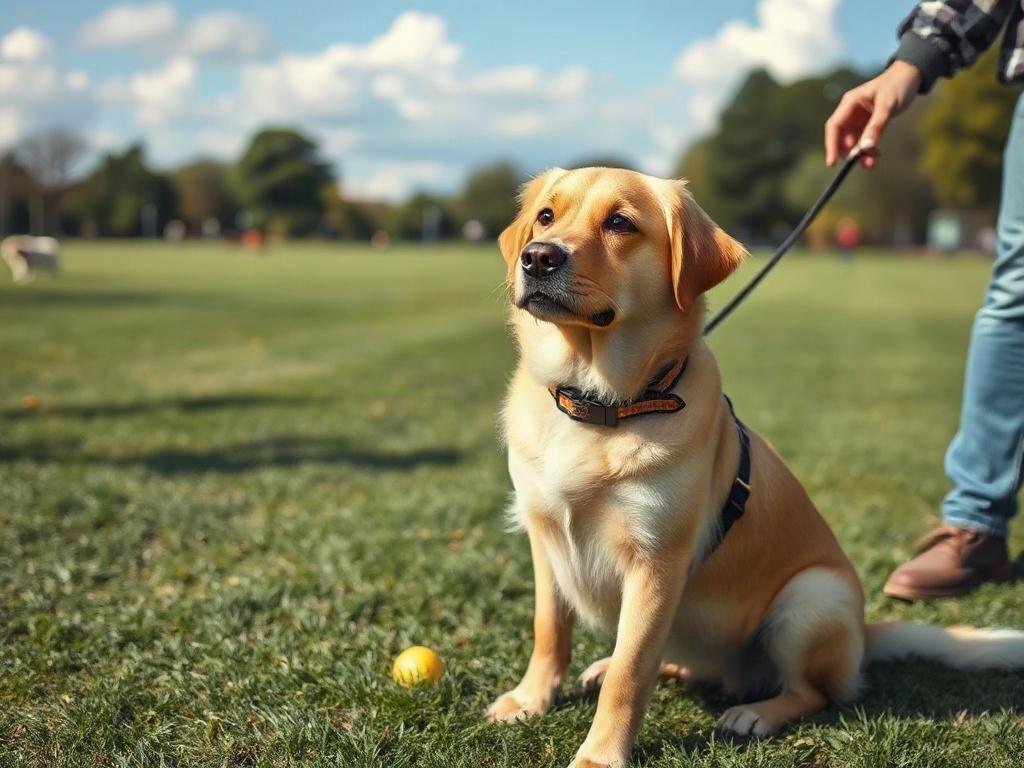 Create a highly detailed, realistic, high-resolution image that captures the essence of a dog training moment outside. The composition should feature a single, focused subject: a well-groomed, attentive dog sitting on a lush green lawn, showcasing a golden retriever. The dog should appear eager and responsive, its ears perked up and eyes fixated on its owner, who is positioned just out of frame, giving a cue. 

In the background, include a clear blue sky with a few fluffy white clouds, along with benign par