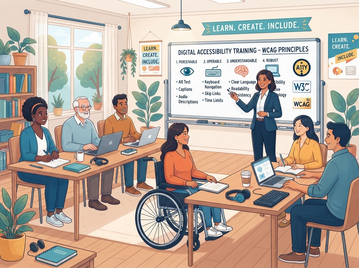Accessibility training workshop with diverse participants learning digital inclusion