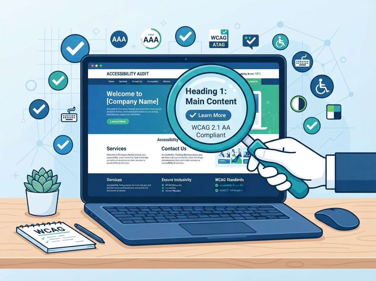 Website accessibility testing process with compliance checkmarks