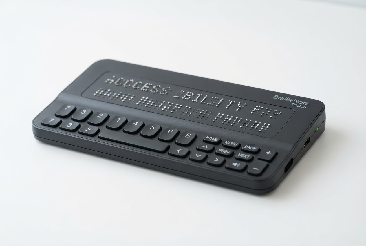 Braille display device - a rectangular electronic device with rows of refreshable braille dots for blind users to read digital content