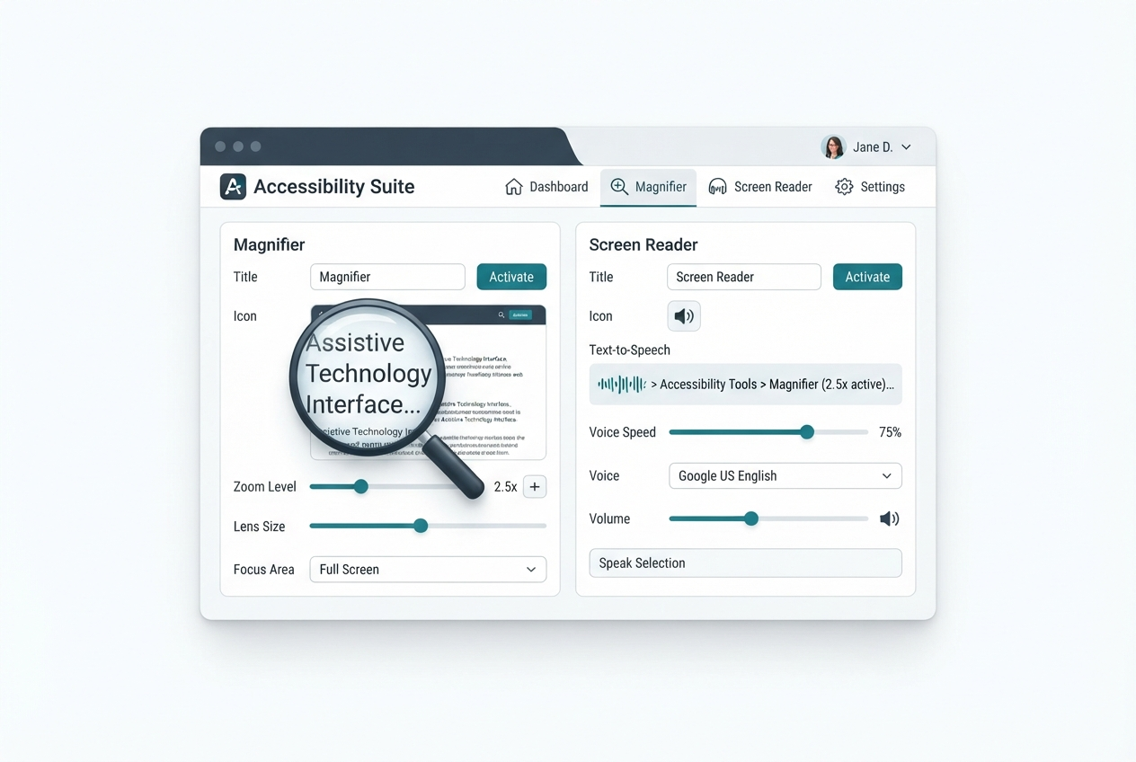 Screen reader and magnification software interface - digital accessibility tools that enlarge text and read content aloud for people with vision disabilities