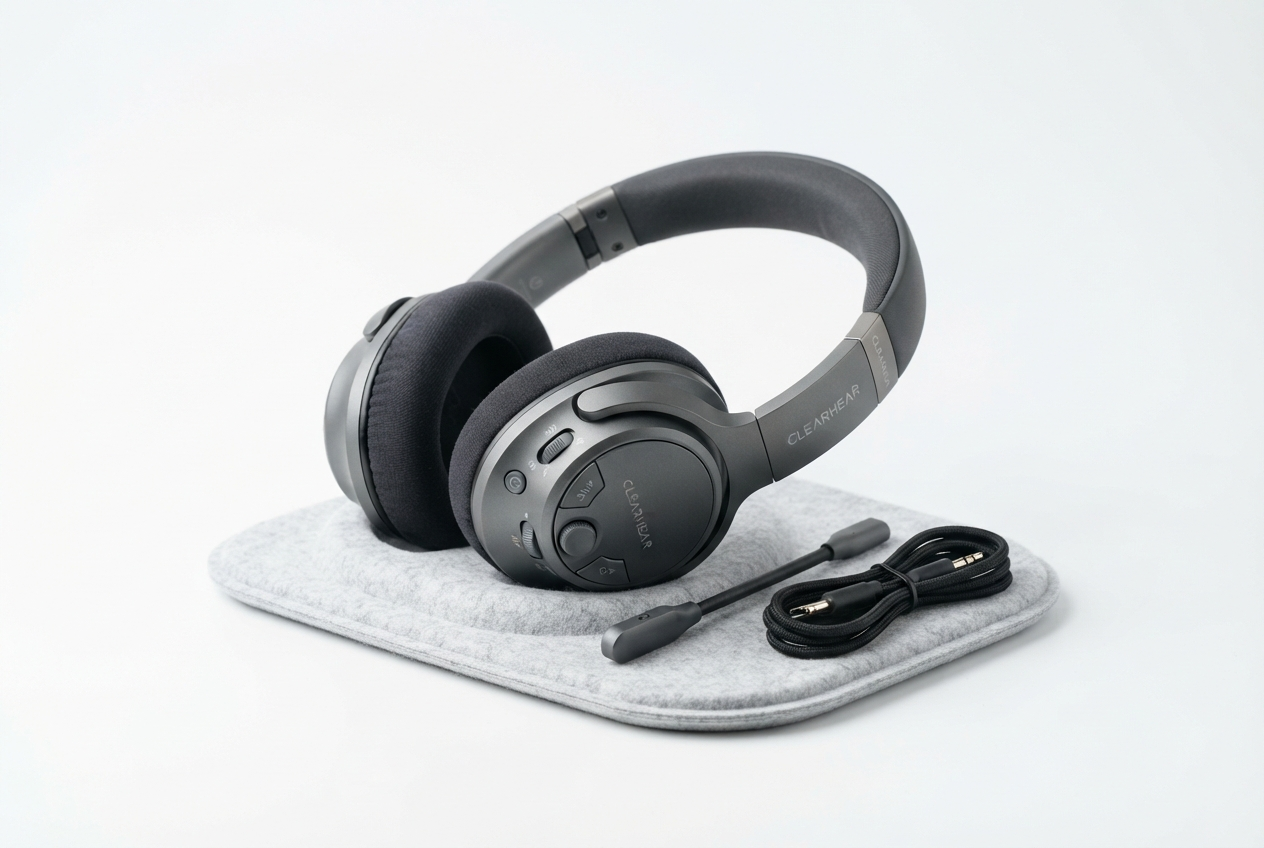 Professional headphones and audio assistance device - earbuds and over-ear headphones for audio accessibility and captions