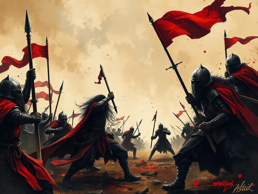A striking illustration capturing a medieval battlefield scene, with a focus on the intensity of combat. The artwork should use thick brushstrokes and rich acrylic colors, highlighting the blood crimson and charred black elements. The background should feature a parchment texture, evoking the feeling of an illuminated manuscript.