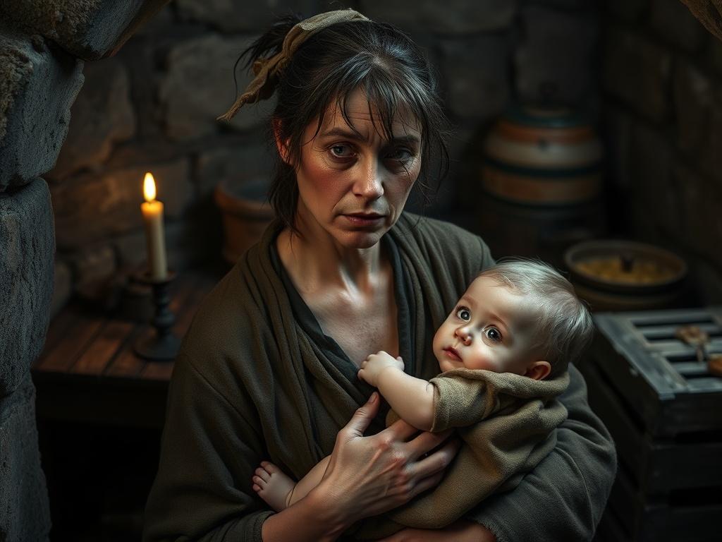 **AI Image Generation Prompt:**

Create a highly detailed, realistic high-resolution photo entitled "The Siege in the Cellars." The composition should feature a single, compelling subject: a weary but determined peasant woman in a dimly lit cellar during a medieval siege. She should have a weathered face, reflecting years of hardship, with dirt and ash smudged on her cheeks. Her hair is unkempt, tied back with a frayed cloth, and her clothing is simple—made of rough, earthy-toned fabric that conveys both hu