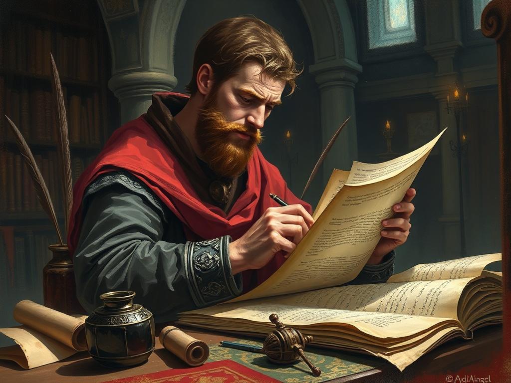 **AI Image Generation Prompt:**

Create a high-quality illustration that embodies the essence of "The Art of Sacred Realism in Historical Fiction." The composition should be simple and clear, featuring a single subject: a medieval scribe, meticulously crafting a manuscript. This scribe should be depicted in the throes of concentration, surrounded by historical artifacts such as quills, an inkwell, and scrolls, signifying the labor of documenting sacred and brutal historical narratives.

The subject should b