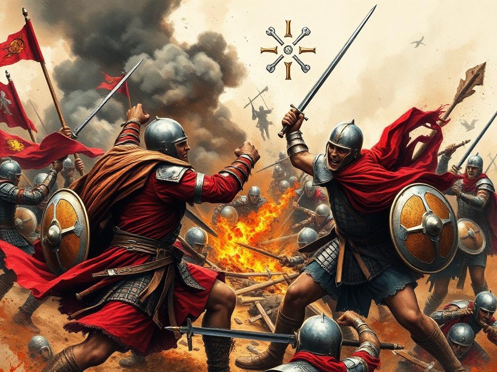 A dynamic scene depicting a pivotal battle from history, with warriors clashing in intense combat. The background is filled with chaos, featuring billowing smoke and the destruction of a battlefield. The warriors are dressed in historically accurate armor, with expressions of determination and fury. The color palette includes blood crimson and charred black, emphasizing the raw violence of the scene. The composition should immerse viewers in the brutal reality of warfare, rendered in rich acrylic colors.