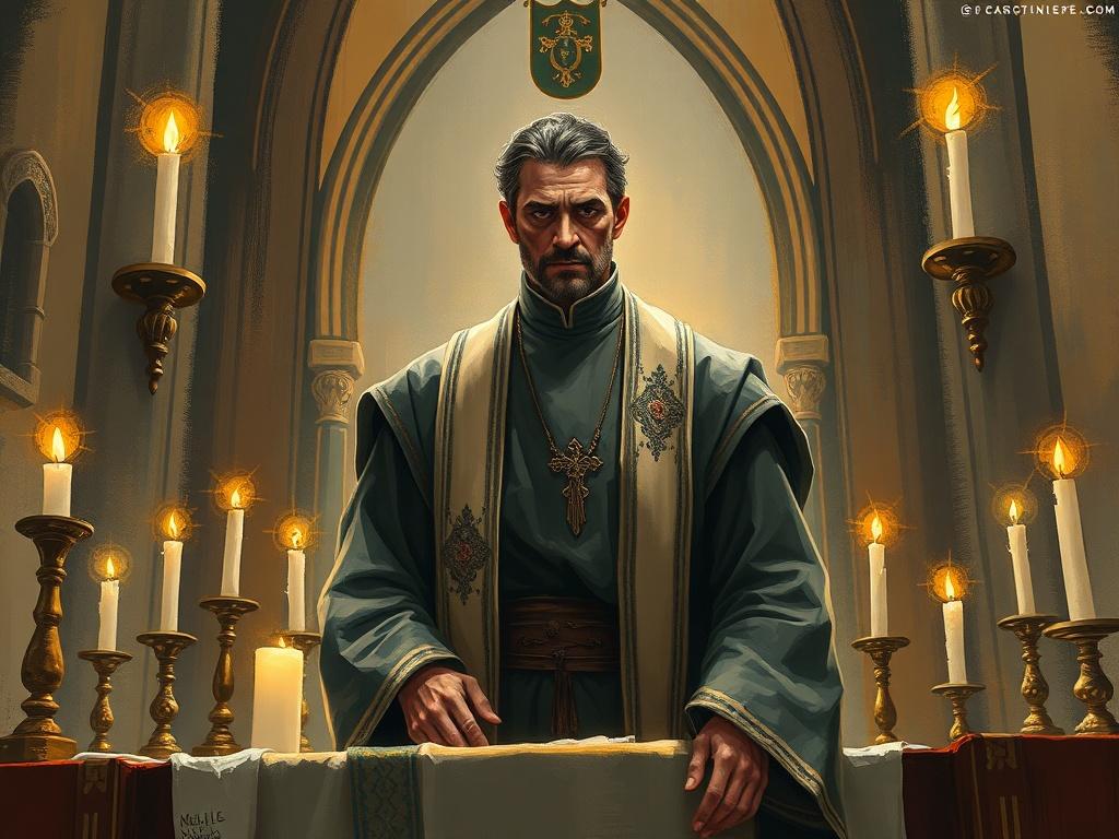 A reluctant medieval priest standing at the altar, surrounded by flickering candles and ornate religious symbols. The background is softly illuminated, with parchment ivory and antique gold tones creating a warm ambiance. The priest has a conflicted expression, symbolizing the struggle between duty and desire. The altar is adorned with liturgical items, and the atmosphere conveys a sense of sacred realism. The composition should evoke deep emotional resonance, enhanced by rich acrylic colors.