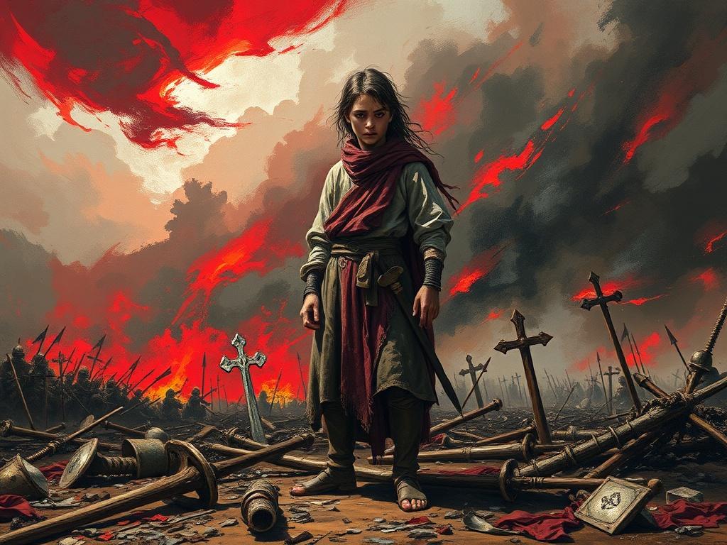 A young martyr standing defiantly on a medieval battlefield, surrounded by the remnants of a fierce battle. The sky is a turbulent mix of blood crimson and charred black, symbolizing conflict. The subject is dressed in tattered, historical attire, with expressions of determination and sorrow. The ground is littered with fallen warriors and symbols of martyrdom. The overall composition should evoke a sense of sacred realism, with rich acrylic colors enhancing the emotional impact.