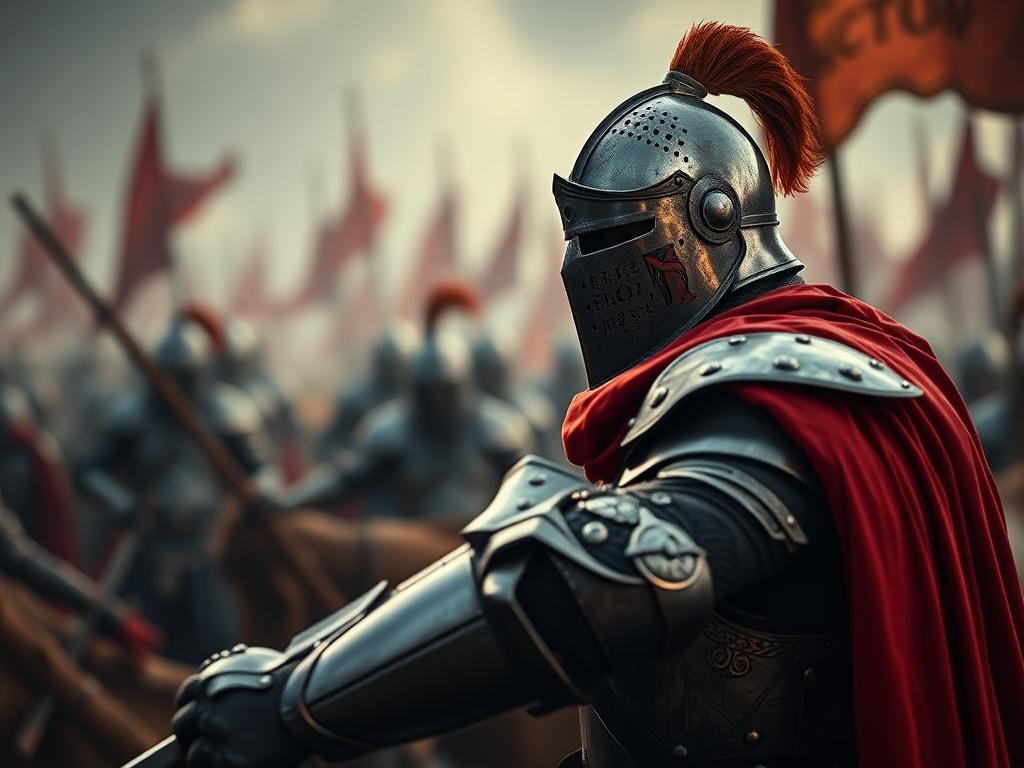 A hyper-realistic close-up shot of a medieval battlefield scene, with vivid colors of Blood Crimson and Ashen Gray. The background should subtly hint at the parchment texture of an illuminated manuscript. The image should evoke a sense of drama and intensity, focusing on a single knight in armor, poised for battle, surrounded by ethereal lighting that highlights the brutality and beauty of the moment.