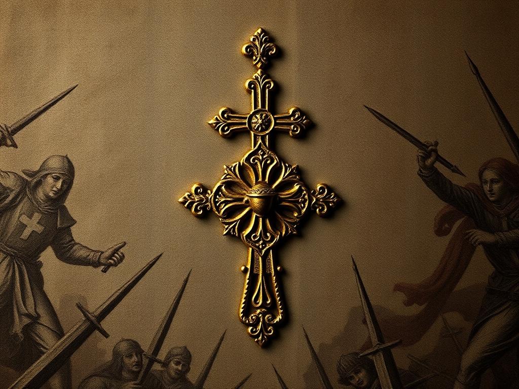 A hyper-realistic close-up of a liturgical symbol intertwined with historical elements, featuring deep colors like Antique Gold against a backdrop of Ashen Gray. The texture should resemble parchment, creating a sense of ancient wisdom. The focal point should be a single, intricately designed cross or chalice, symbolizing the blend of faith and history, surrounded by faint images of medieval battles in the background.