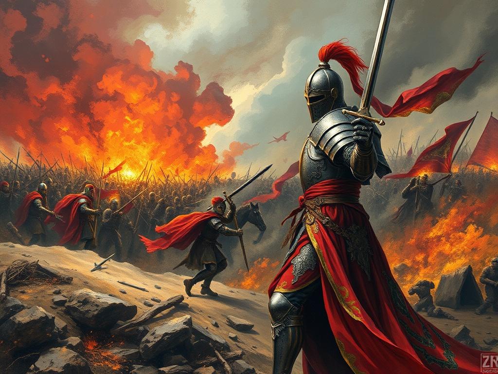 An illuminated manuscript style image featuring a medieval battlefield scene. The composition should focus on a lone knight in ornate armor, wielding a sword, with a backdrop of chaos and conflict. The knight stands resolute amidst a tumultuous landscape, capturing the raw violence and fervor of the era. Rich acrylic colors should dominate the scene, especially Blood Crimson and Charred Black, with elements of Ashen Gray and Antique Gold subtly integrated to enhance the historical authenticity. The texture 