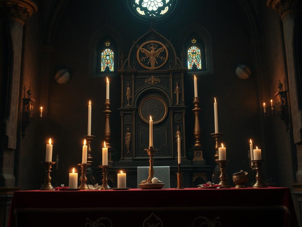 A hyper-realistic close-up of a medieval altar adorned with candles and ancient symbols, capturing the essence of sacred spaces. The background showcases a dimly lit chapel, with soft light illuminating the altar. The color scheme includes Parchment Ivory and Blood Crimson, enhancing the spiritual atmosphere. The image should be shot with a 45mm f/1.2 lens to bring the details of the altar into sharp focus while gently blurring the surrounding elements.