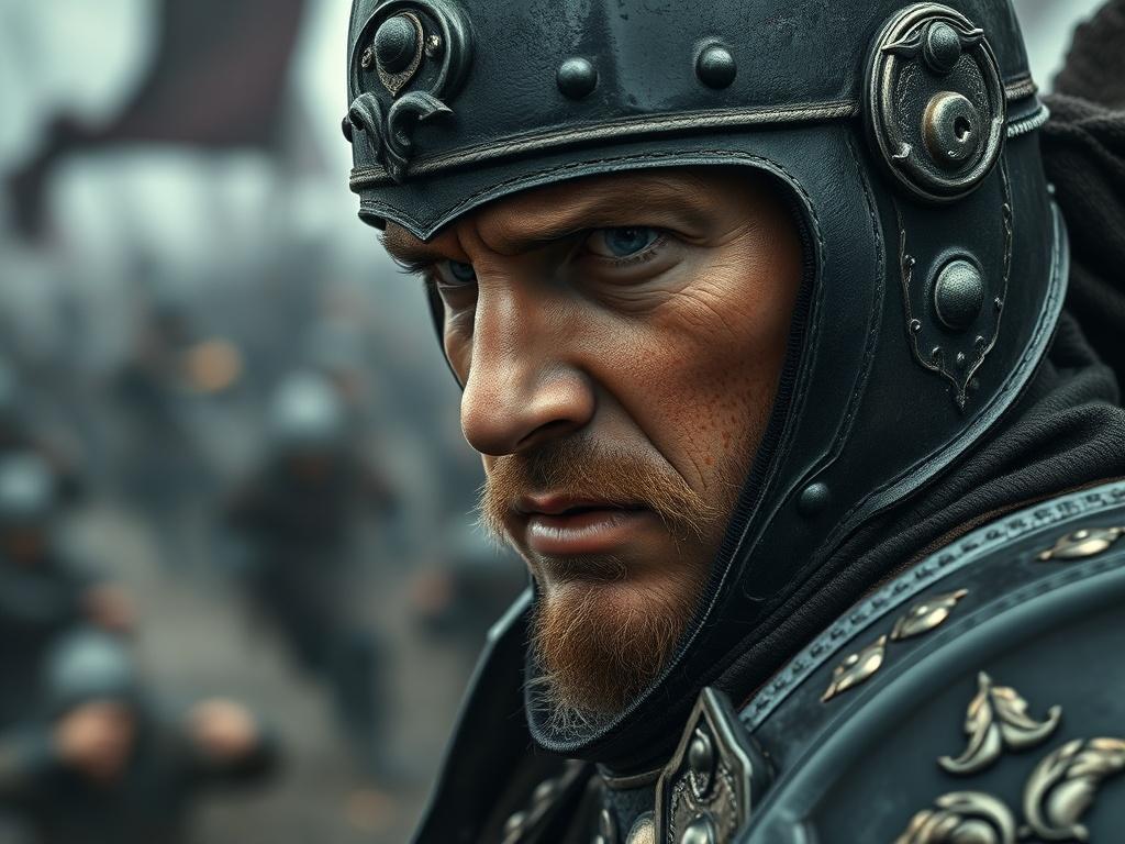A hyper-realistic close-up shot of a medieval soldier in battle armor, with a fierce expression reflecting determination and fear. The background depicts a chaotic battlefield, with blurred figures of warriors clashing. The color palette features Charred Black and Antique Gold, creating a dramatic contrast. The image is captured with a 45mm f/1.2 lens to emphasize the soldier's face, while the action unfolds softly behind him.
