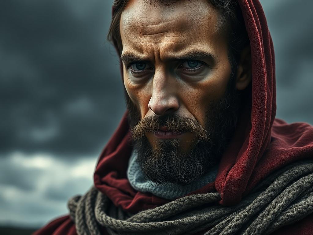 A hyper-realistic close-up portrait of a medieval martyr, showcasing deep emotional expression. The subject is dressed in tattered historical garments, with a backdrop of a dark, stormy sky. The use of Blood Crimson and Ashen Gray tones enhances the somber mood, while intricate medieval symbols subtly appear in the background. The image should be shot with a 45mm f/1.2 lens to create a shallow depth of field, highlighting the subject's face with sharp clarity against the blurred backdrop.