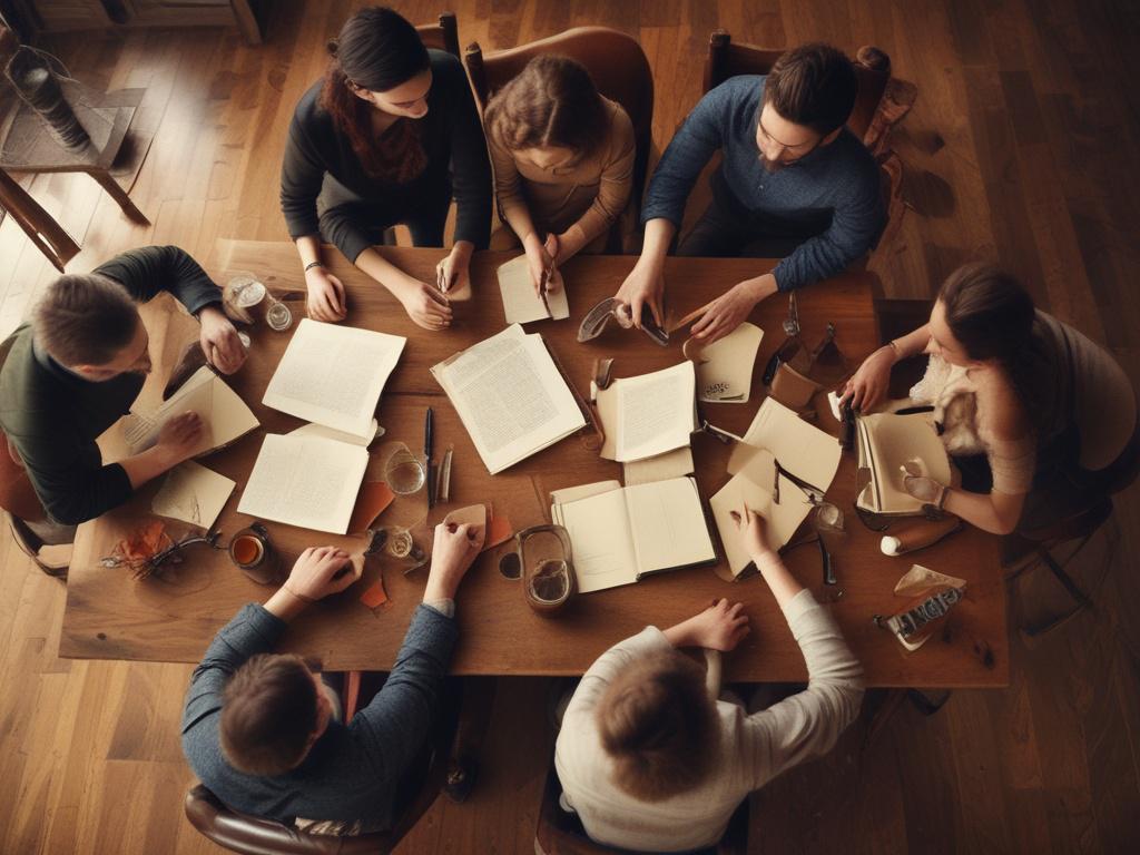 A group of writers engaged in discussion around a large