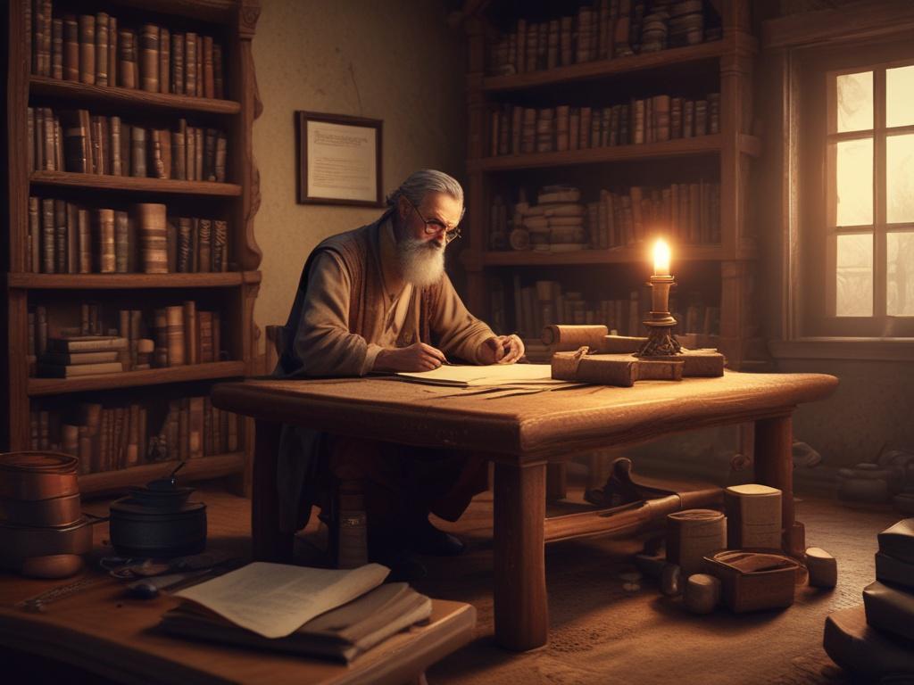 A writer sitting at a rustic wooden desk, deeply focused