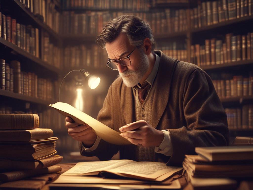 A focused researcher in a dimly lit library, surrounded by