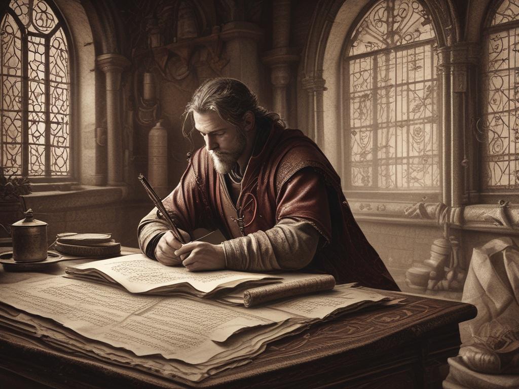 Design a high resolution image capturing a medieval scribe at