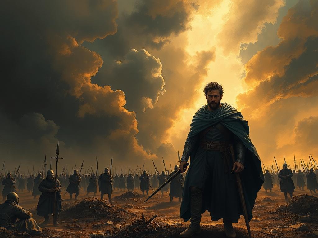 A dynamic scene capturing a moment from a historical fiction narrative, featuring a lone figure standing on a medieval battlefield, embodying themes of martyrdom and sacrifice. The background is a dramatic sky in shades of Charred Black and Antique Gold, symbolizing the conflict between light and darkness. The figure's expression conveys determination and resilience, inviting viewers into the story.