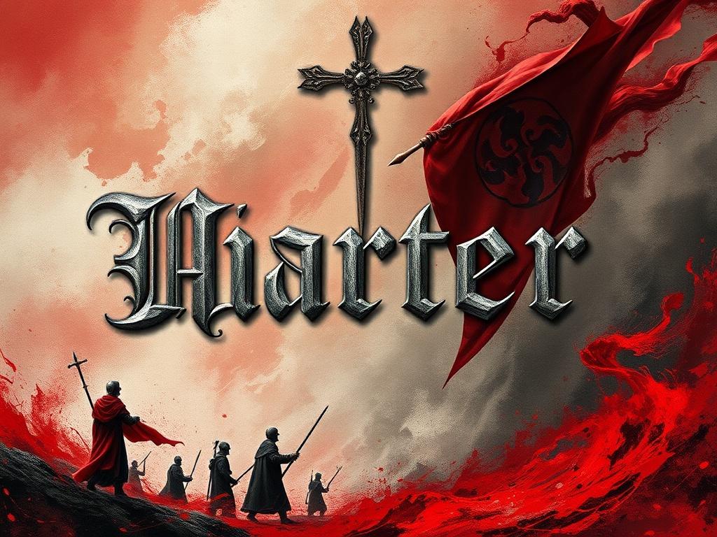 A beautifully designed cover art for a historical fiction book, featuring intricate medieval-inspired typography. The background displays a rich blend of colors in Blood Crimson and Ashen Gray, complementing symbols of martyrdom and medieval battle. The cover should evoke a sense of sacred realism and brutality, inviting readers into a world of immersive storytelling.