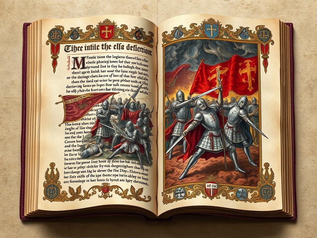 An open illuminated manuscript displaying detailed medieval illustrations, with a parchment texture background. The page features a vivid depiction of a historical battle scene, showcasing knights in full armor amidst a chaotic clash, surrounded by symbols of liturgy and martyrdom. The colors are rich and deep, primarily Blood Crimson and Ashen Gray, creating a dramatic and immersive atmosphere.