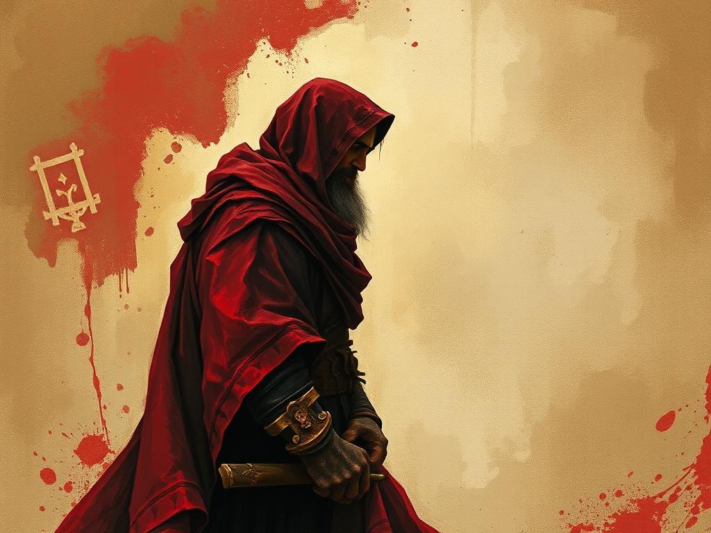 A captivating illustration featuring a solitary medieval figure, deep in contemplation. The scene should embody themes of faith and struggle, utilizing a palette dominated by blood crimson and parchment ivory. The background should resemble an illuminated manuscript, adding depth and historical context.