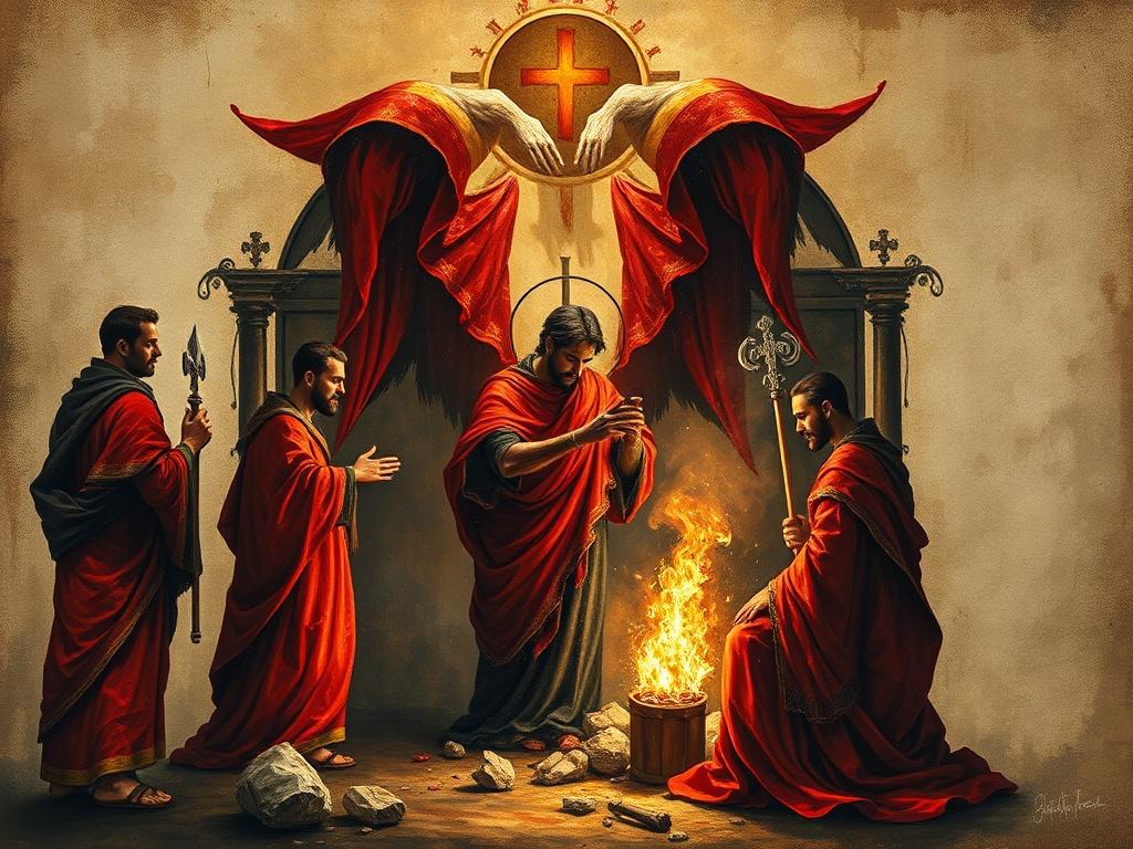 A high-quality illustration of a liturgical scene depicting a medieval martyrdom, featuring rich crimson and gold colors. The scene should showcase a single figure in a dramatic pose, surrounded by elements of sacred realism. The background should be a textured parchment resembling an illuminated manuscript, with hints of charred black and ashen gray to enhance the atmosphere.