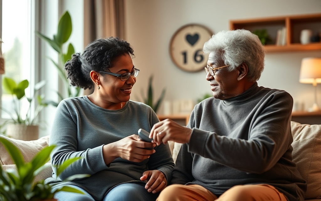 African American caregiver assisting elderly client in comfortable home setting