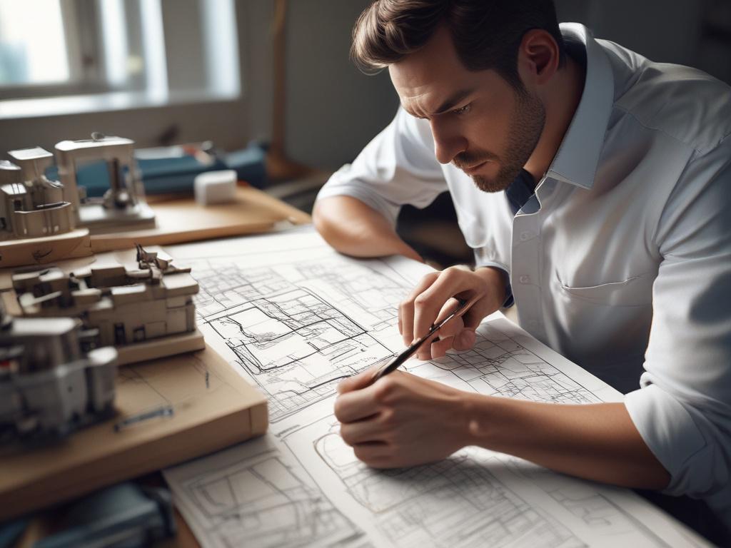 An engaging close-up of an engineer analyzing blueprints and schematics in a well-lit workspace. The focus should be on the engineer's face and hands as they interact with the plans, showcasing concentration and expertise. The background should be simple yet filled with tools and equipment relevant to engineering, captured in hyper-realistic detail with a 45mm f/1.2 lens.