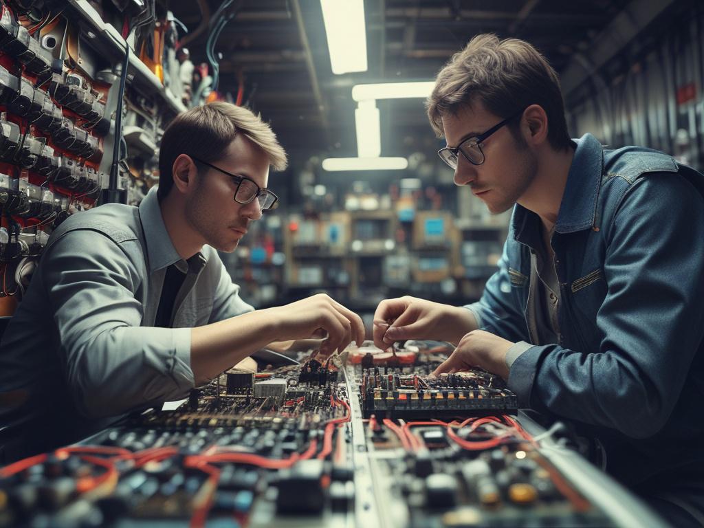 A close-up shot of an engineer working on a custom electrical solution, surrounded by detailed wiring, circuit boards, and tools, with a clear and simple background. The focus should be on the engineer's hands as they assemble components, showcasing precision and expertise. The image should have a hyper-realistic quality, shot with a 45mm f/1.2 lens, highlighting the intricate details of the work.