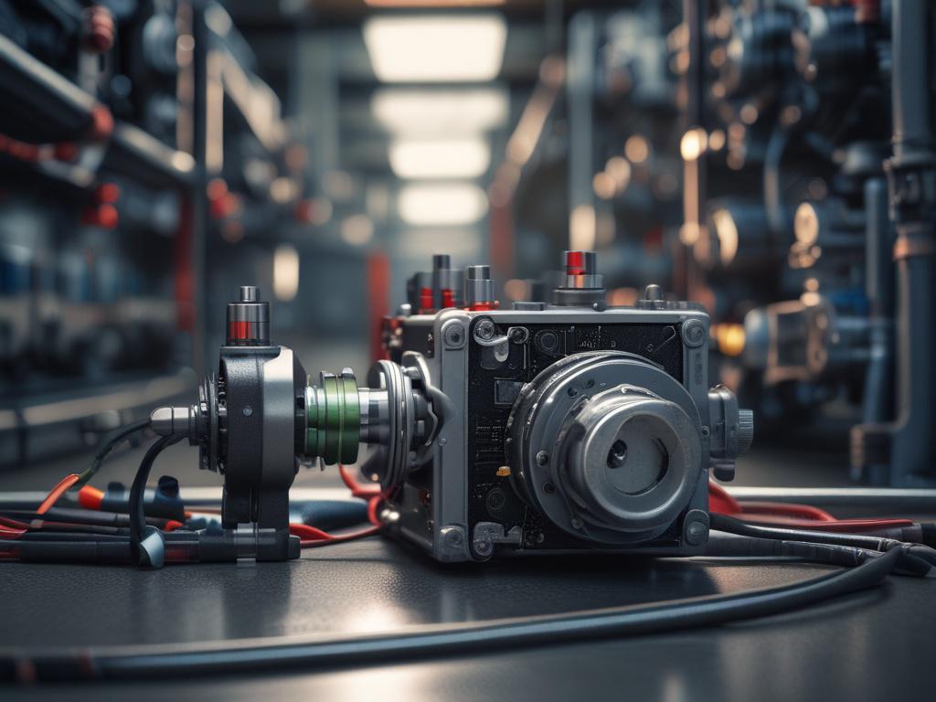 A close-up shot of an advanced automation system in an industrial setting, showcasing intricate wiring and components. The background is softly blurred to emphasize the complexity and innovation of the system. The image is rendered in high-resolution, capturing fine details, and is styled as if shot with a 45mm f/1.2 lens, incorporating the primary color rgb(255, 42, 6) subtly in the background.