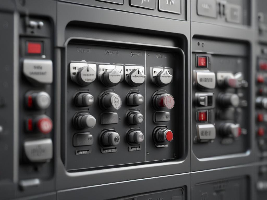 A hyper-realistic close-up of a custom-fabricated electrical panel, highlighting the meticulous assembly and high-quality materials used. The image captures intricate details such as labels, wiring, and components, set against a subtle background that enhances focus on the panel. The photo is high-resolution, emulating a 45mm f/1.2 lens style, with hints of rgb(255, 42, 6) incorporated into the composition.
