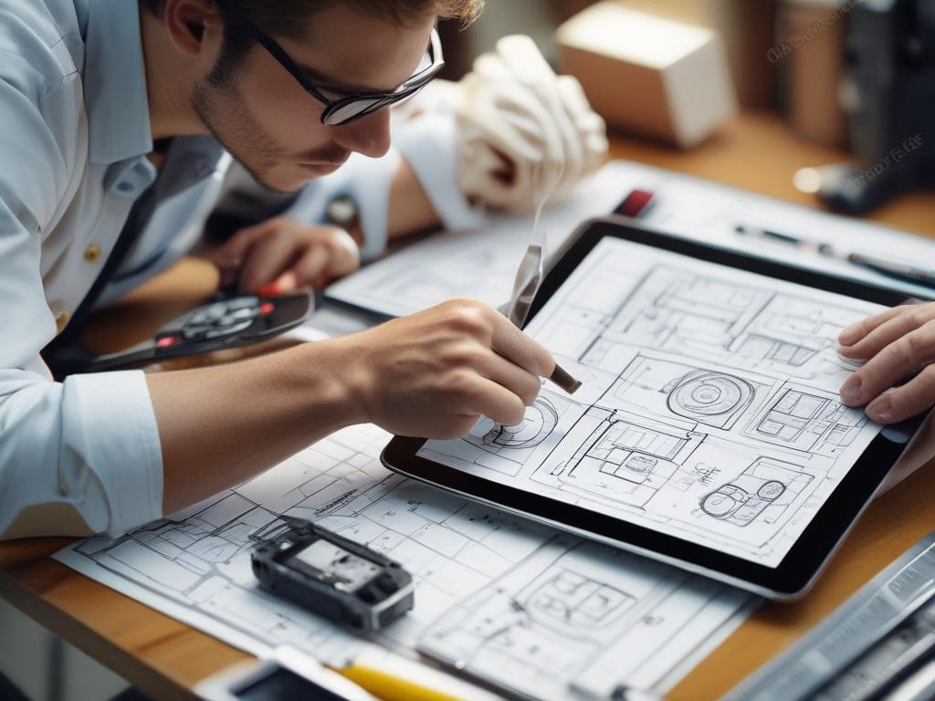 A hyper-realistic close-up shot of an engineer reviewing technical drawings on a digital tablet, surrounded by precision tools and equipment. The engineer should be focused and engaged, representing professionalism and expertise. The background should include blueprints and schematics, softly blurred to emphasize the engineer's concentration. Capture the essence of collaborative engineering in a straightforward yet impactful composition.