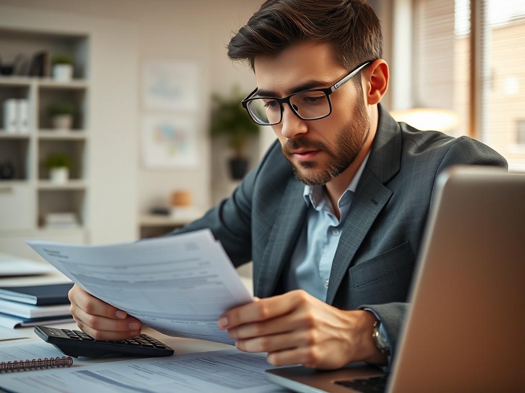 A close-up shot of a professional tax advisor reviewing tax documents, surrounded by a calculator, financial reports, and a laptop, conveying a sense of focus and expertise. The background should be a clean office space with subtle hints of tax-related materials, creating an organized and professional atmosphere. The lighting should be warm and inviting, emphasizing the advisor's attentive expression and the importance of tax preparation.