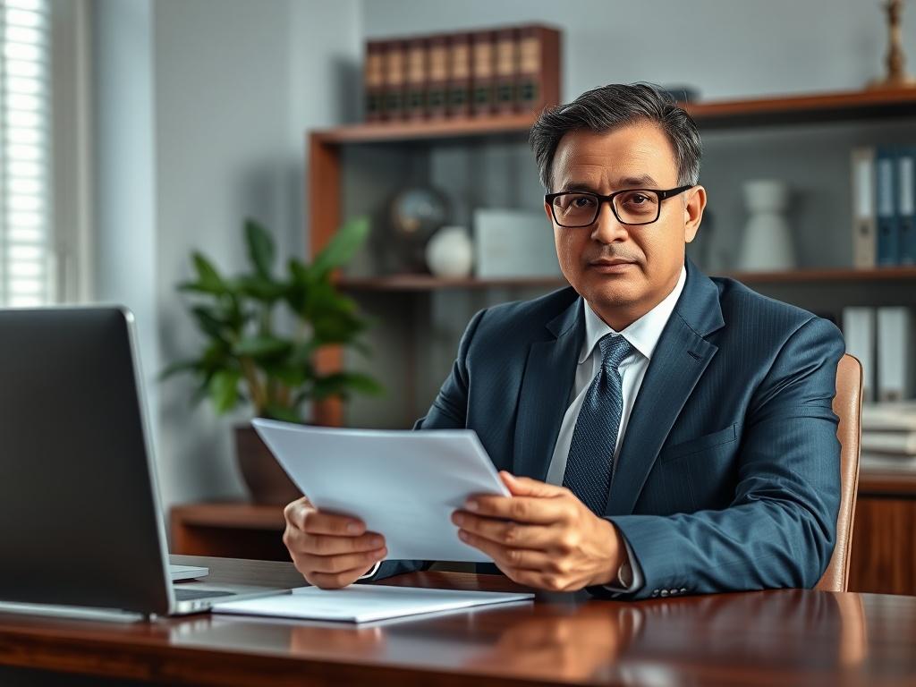 **Prompt for AI Image Generator:**

Create a realistic high-resolution image of a professional, confident attorney sitting at a sleek wooden desk in a well-lit office environment. The lawyer, a middle-aged person of Hispanic descent, is wearing a tailored navy suit and glasses, reflecting authority and expertise. They are engaged in a thoughtful moment, looking directly at the camera to convey trust and competence.

In the foreground, the lawyer is holding a legal document, symbolizing the importance of pro