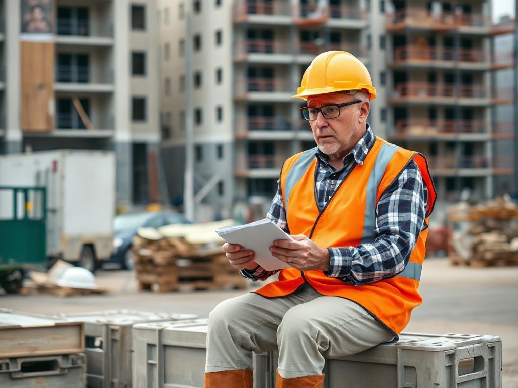 **Prompt for AI Image Generator:**

Create a realistic high-resolution photo that captures a unique workplace scenario for a blog titled "Unusual Workplace Scenarios That Could Affect Your Workers Comp Claim." The composition should feature a single subject: a mid-aged male construction worker, looking concerned as he examines a document on a clipboard. He is sitting on a stack of crates at an off-site construction location, surrounded by partially constructed buildings in the background. 

The atmosphere s