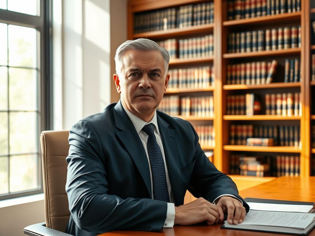 **Prompt for AI Image Generator:**

Create a realistic high-resolution photo that captures the essence of a serious and professional lawyer in a law office setting. The composition should be simple and clear, featuring one main subject: a confident lawyer, a middle-aged man with a well-groomed appearance, sitting at a sleek wooden desk with a focused expression. He is dressed in a sharp navy suit and a crisp white shirt, conveying authority and expertise. 

The background should showcase a sophisticated law