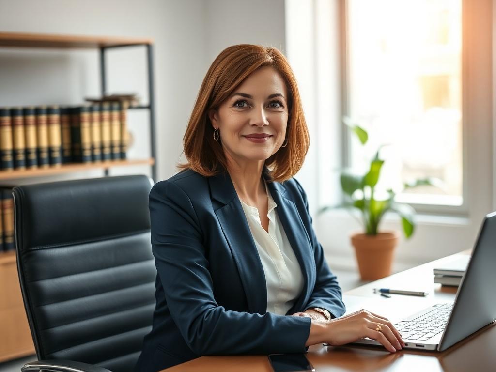 Create a realistic high-resolution photo that reflects the theme of the blog titled "A Good Employment Law Firm Doesn’t Wait for Things to Get Worse." The image should feature a confident and approachable employment lawyer, a middle-aged woman with warm brown hair styled neatly, sitting at a modern desk in a professional office environment. 

The lawyer should be looking directly at the camera with a slight, reassuring smile, conveying trust and readiness to assist clients. She wears a tailored navy blazer 