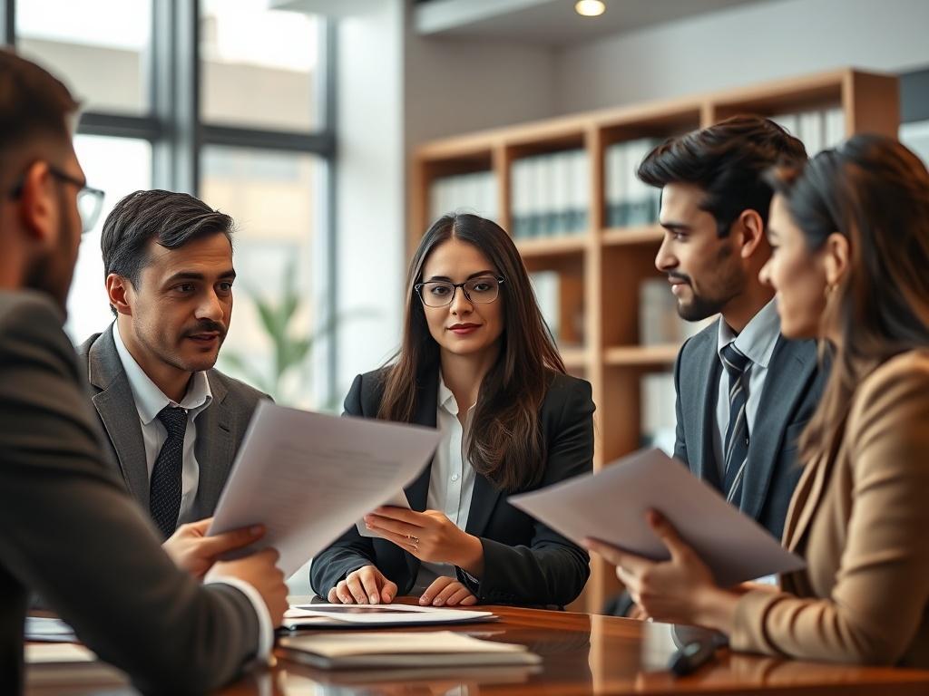 Close-up shot of a legal professional in a modern office setting, confidently explaining immigration legal documents to a diverse group of clients. The background should be softly blurred to keep focus on the lawyer and clients engaging in discussion, with visible legal books and resources in the background. The lighting should be warm and inviting, creating an atmosphere of trust and professionalism.
