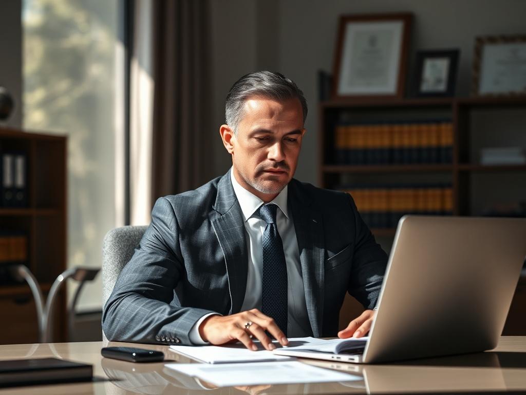 **AI Image Generation Prompt:**

Create a realistic high-resolution photo reflecting the theme of an attorney's strategic advantage in workers' compensation cases. The composition should be simple and clear, featuring a single subject: a confident, professional attorney in a smart business suit. The attorney should be seated at a sleek, modern desk with a laptop open in front of them, deep in thought as they review legal documents. 

The background should feature a well-organized office space with subtle le