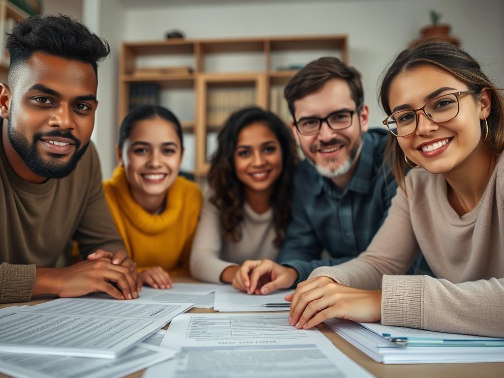 A close-up shot of a diverse group of individuals, including a family of four, seated around a table filled with immigration documents and forms. The atmosphere is warm and professional, conveying a sense of hope and support. The background features a softly blurred office environment, with a bookshelf and legal books visible. The lighting is bright and inviting, emphasizing the faces of the individuals, who express determination and trust.