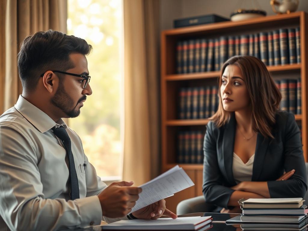 A close-up shot of an immigration attorney consulting with a client in an office setting. The attorney, a South Asian male in professional attire, is attentively listening and taking notes, while the client, a Hispanic female, appears engaged and concerned. The background features a bookshelf with legal books and a window showing a sunny day outside, creating a warm and inviting atmosphere.