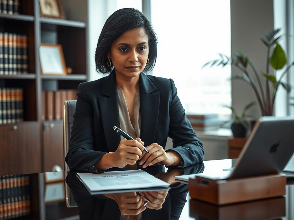 Create a highly detailed, realistic high-resolution image that embodies the theme of "When Your Work Injury Turns Into a Discrimination Claim." The composition should feature a single subject: a focused employment attorney seated at a sleek office desk, conveying determination and empathy. The attorney, a middle-aged South Asian woman, is dressed in professional attire—an elegant blazer and blouse. She should be holding a pen, poised over a legal document, demonstrating her active involvement in a case invo