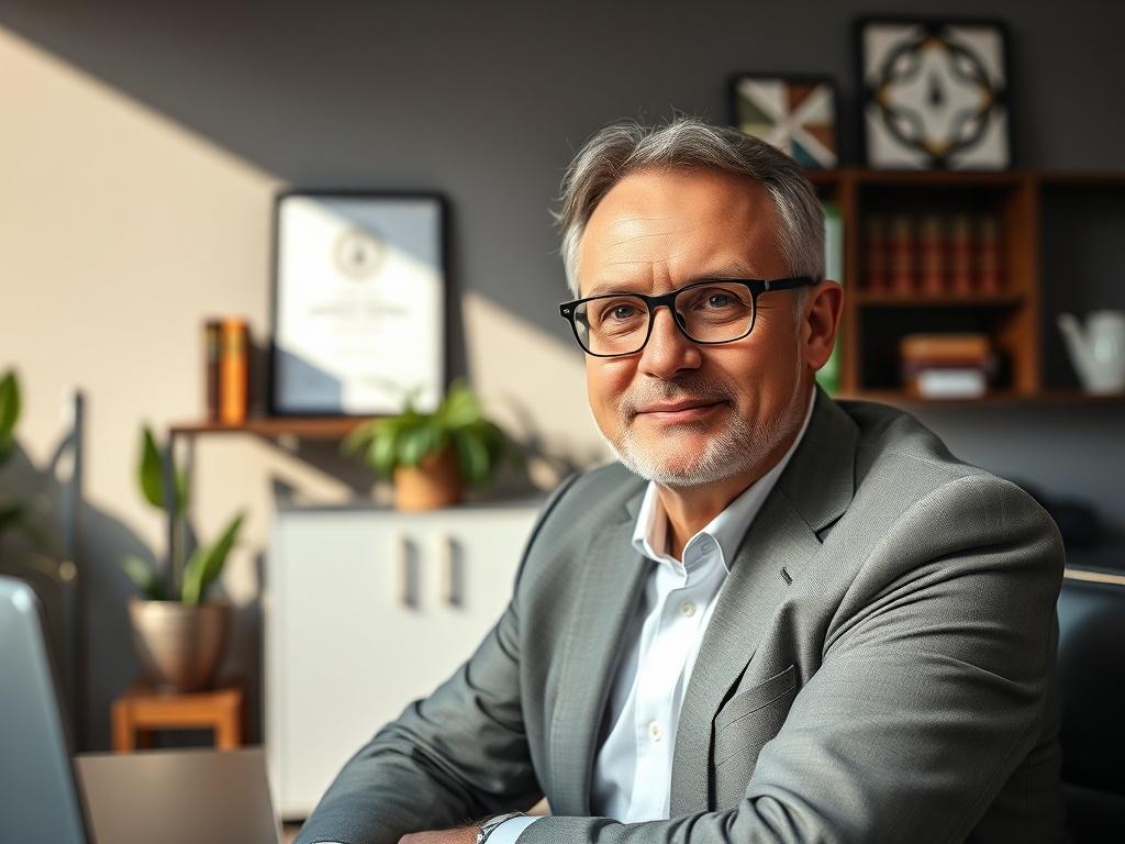 Create a realistic high-resolution photo focusing on a confident, middle-aged workers’ compensation lawyer. The lawyer should be seated at a sleek, modern office desk, dressed in professional attire, such as a tailored suit and glasses. They should be looking directly at the camera with a reassuring and approachable expression, embodying trust and expertise. 

The background should be softly blurred to keep the focus on the lawyer, featuring elements typical of a law office—like shelves with law books, a po