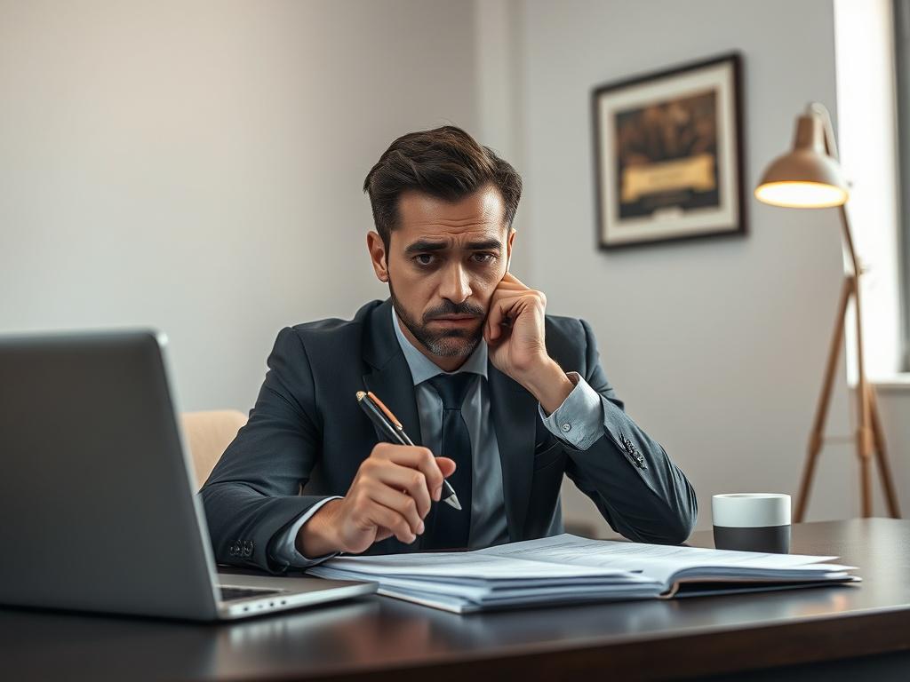 Create a realistic high-resolution photo that captures the theme of employment law and worker rights. The composition should feature a single subject: a concerned individual sitting at a desk in an office environment. They should be in a professional setting, dressed in business attire, with a slightly furrowed brow and an expression of contemplation or worry. This individual should be holding a pen and looking thoughtfully at a stack of documents in front of them.

The background should be a simple, modern