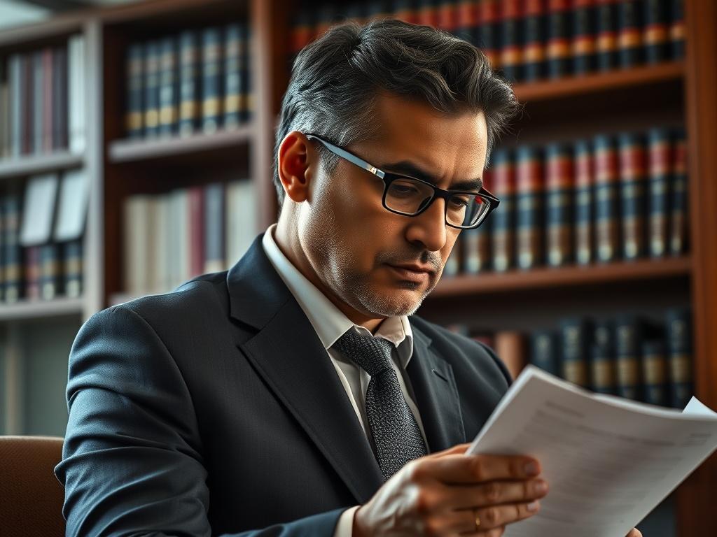 **AI Image Generation Prompt:**

Create a hyper-realistic, high-resolution close-up image of a seasoned trial lawyer in a professional setting, reflecting the expertise of Mishra X Trial Lawyers. The subject should be a middle-aged South Asian male, wearing a tailored dark suit and a crisp white shirt, exuding confidence and approachability. He should have a focused expression, suggesting deep thought and determination as he reviews a legal document or case file in his hand. 

Position the lawyer prominentl