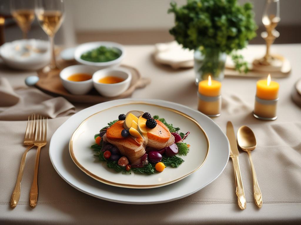 A cozy dining table set for a gourmet meal, featuring